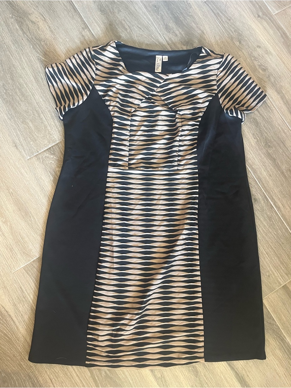 Emma & Michele Black and Beige Striped Panel Dress